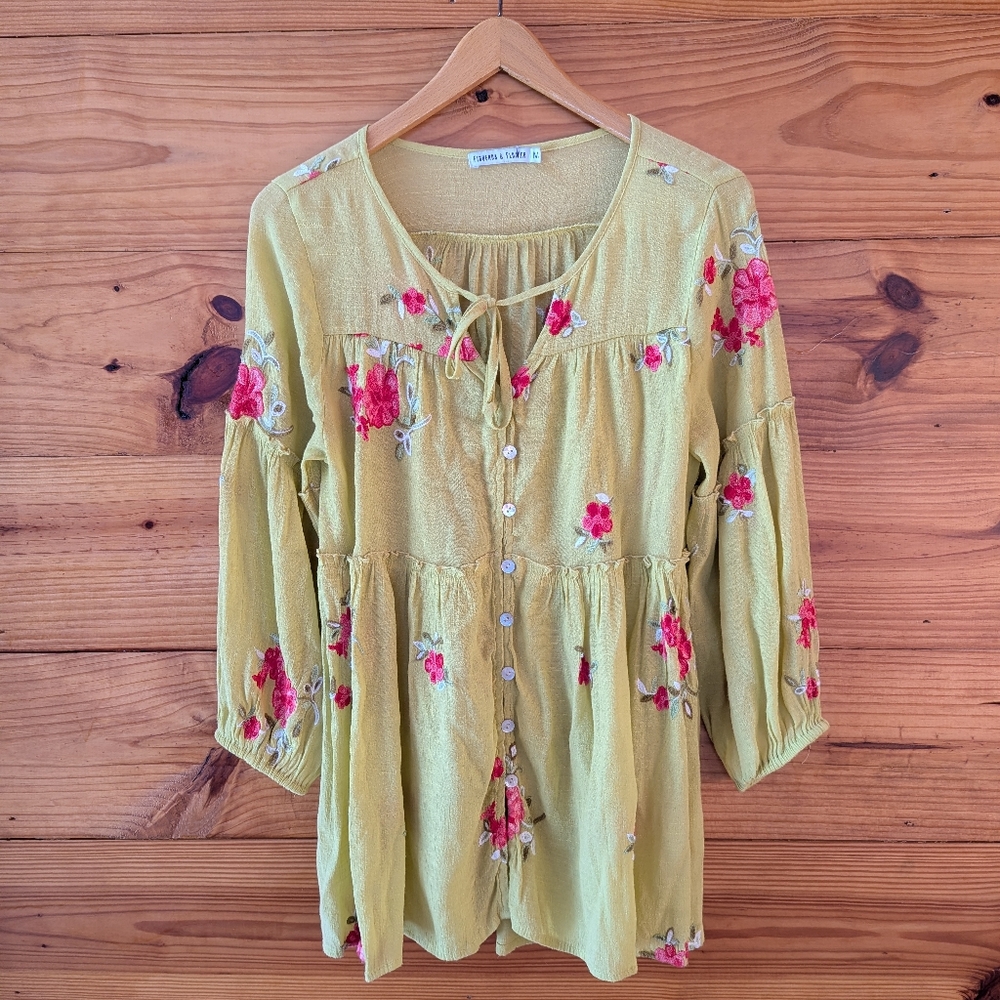 Figueroa And Flower Chartreuse Green Cottagecore Bohemian Embroidered Top M